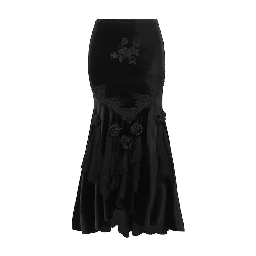 Dark Gothic Rose Lace Velvet Maxi Skirt