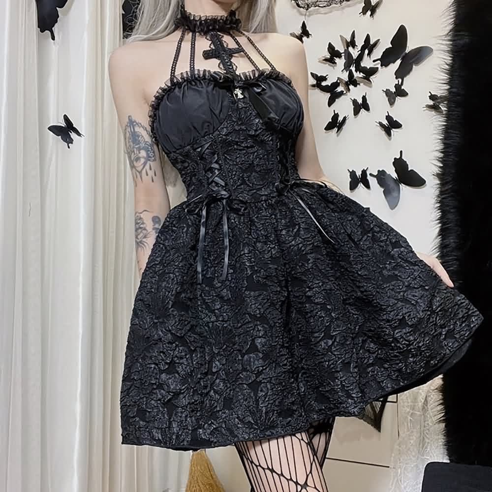 Dark Gothic Tie Front Short Halter Dress