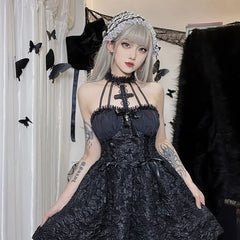 Dark Gothic Tie Front Short Halter Dress