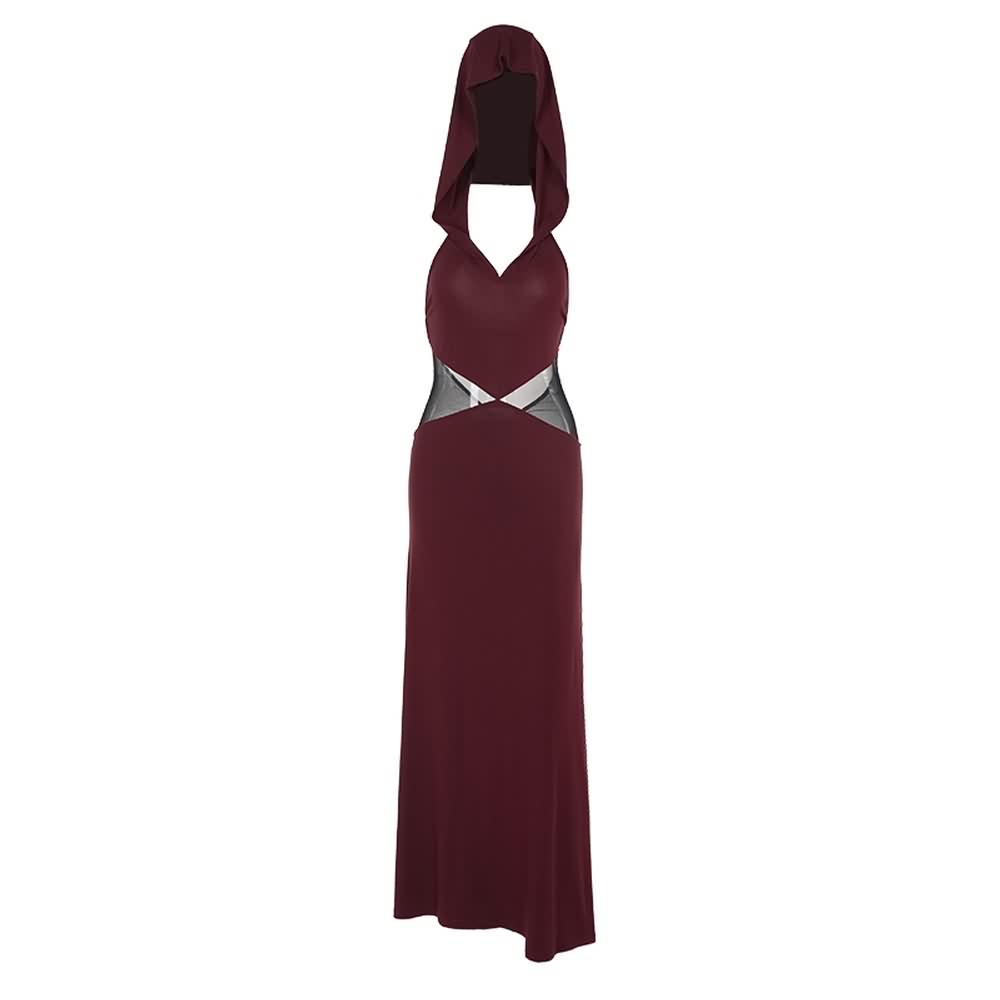 Dark Red Open Back Hooded Maxi Dress