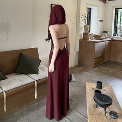 Dark Red Open Back Hooded Maxi Dress