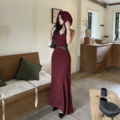 Dark Red Open Back Hooded Maxi Dress