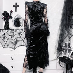 Dark Romantic Velvet And Lace Split Midi Dress