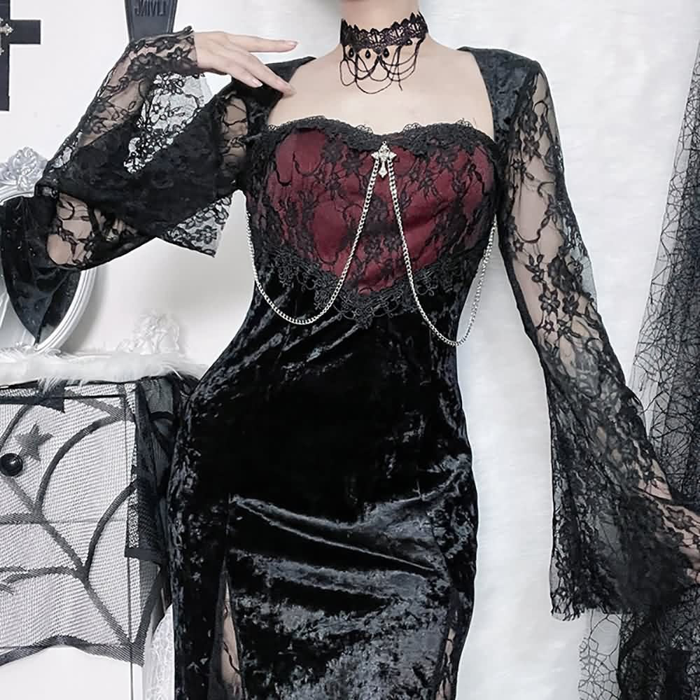 Dark Romantic Velvet And Lace Split Midi Dress