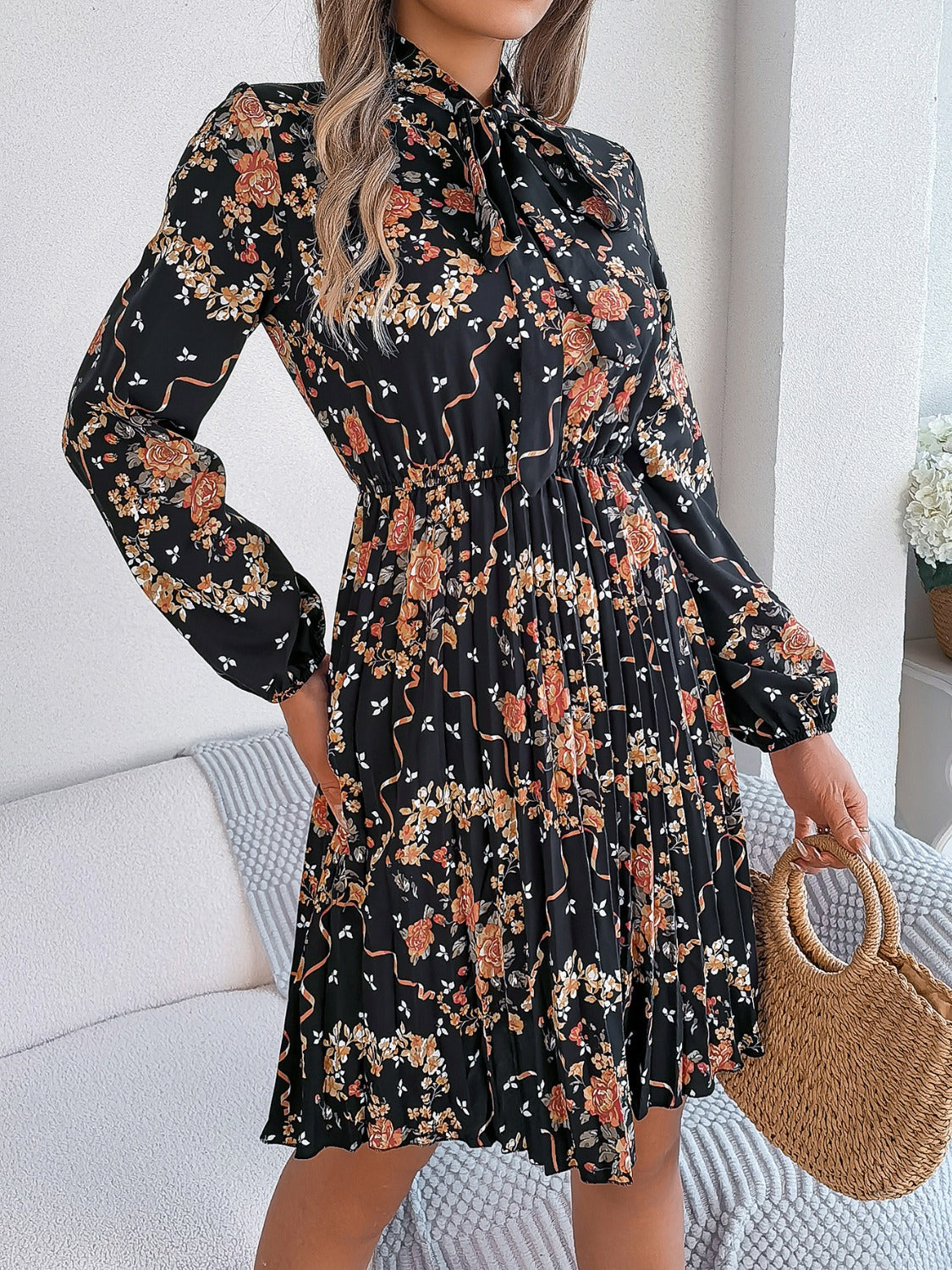 Pleated Printed-Tie Neck Long Sleeve Dress
