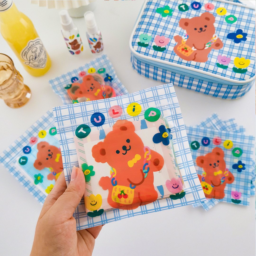 Bonjour Bear Plaid Ziplock Bags-5pcs