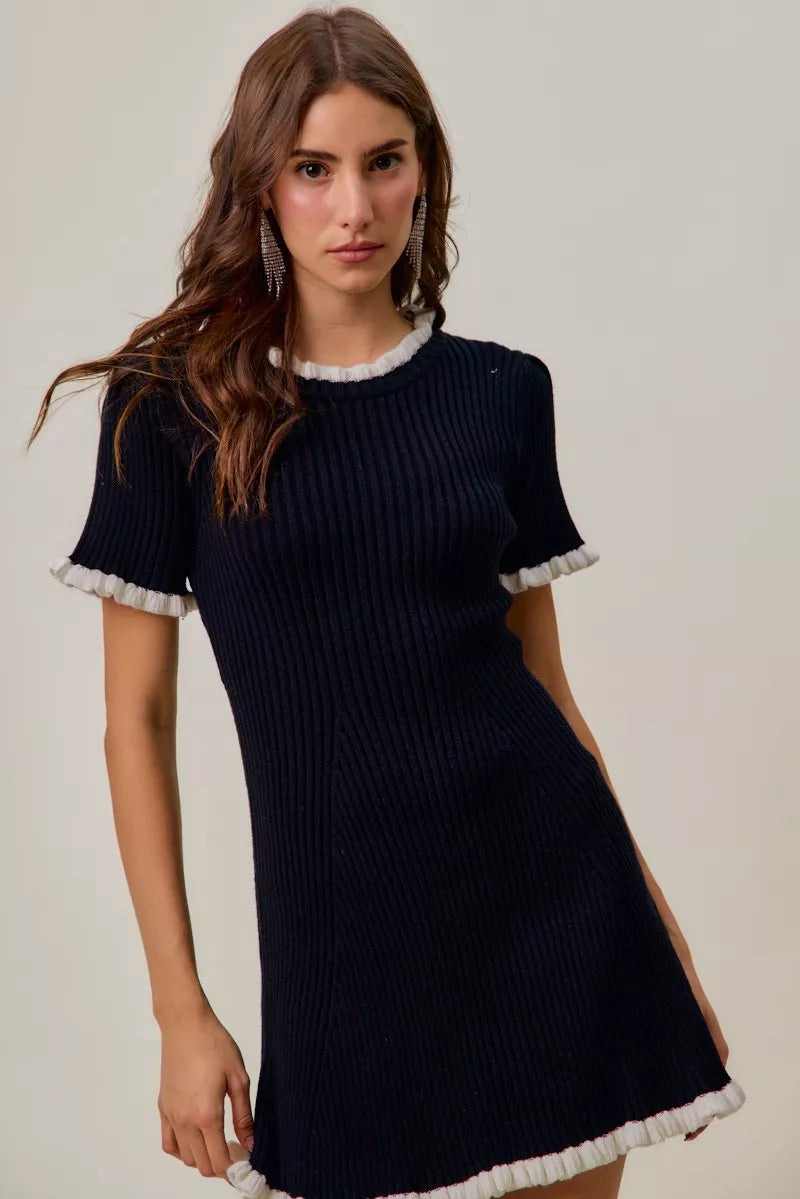 Contrast Ruffled Sweater Knit Mini Dress
