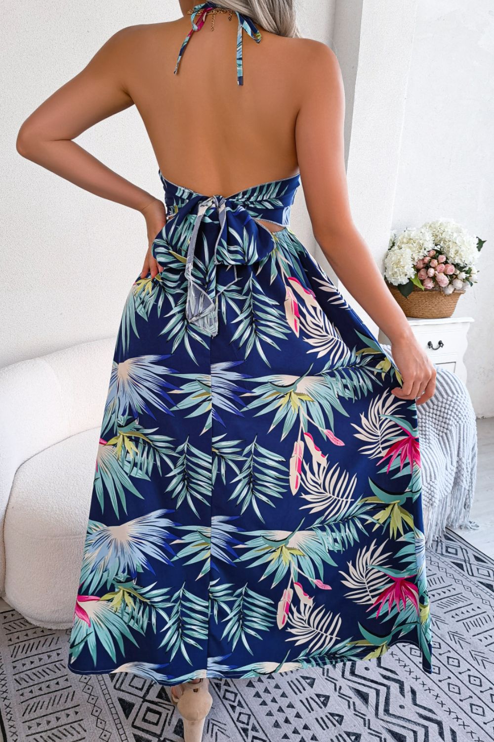 Botanical Tied Backless Cutout Slit Dress