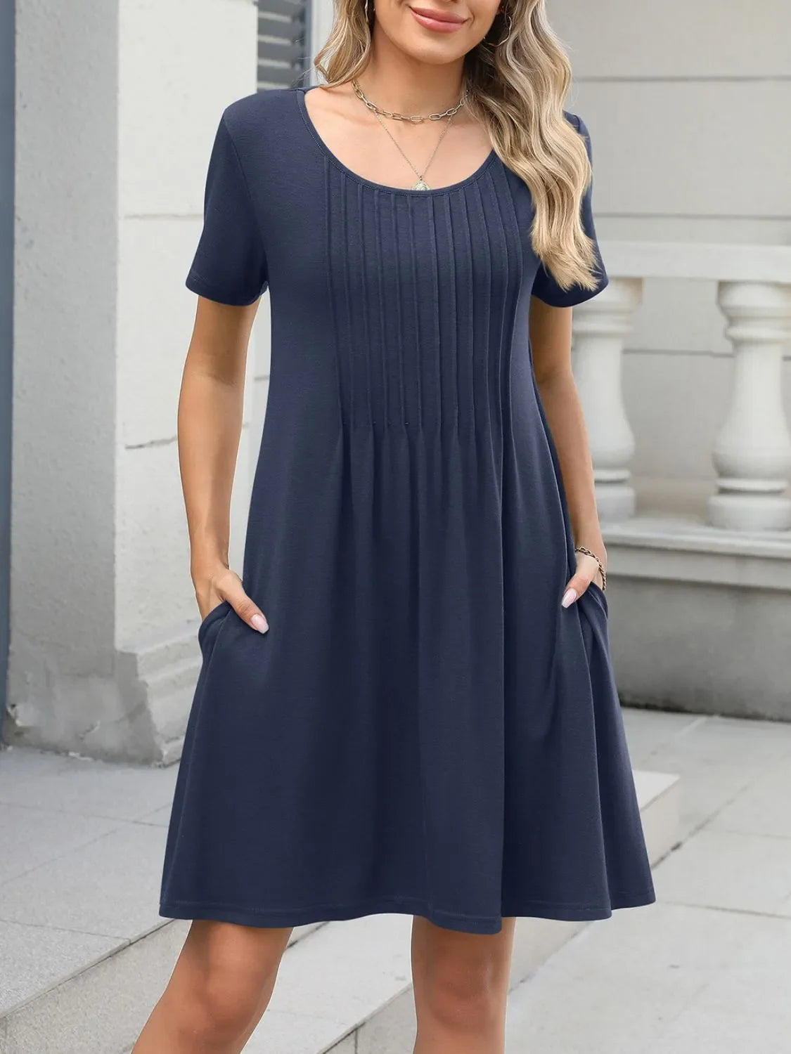 Pleated Front Round Neck Swing Dress