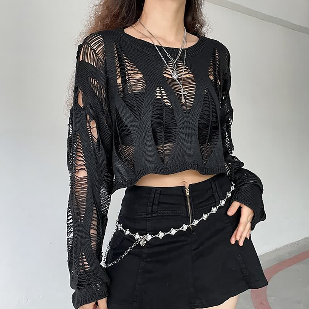 Distressed Gothic Crop Sweater With Full Long Sleeves