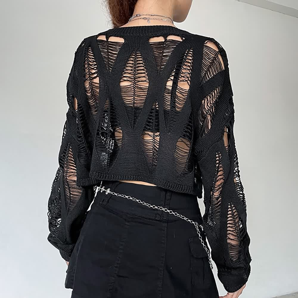 Distressed Gothic Crop Sweater With Full Long Sleeves