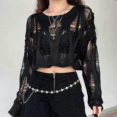 Distressed Gothic Crop Sweater With Full Long Sleeves