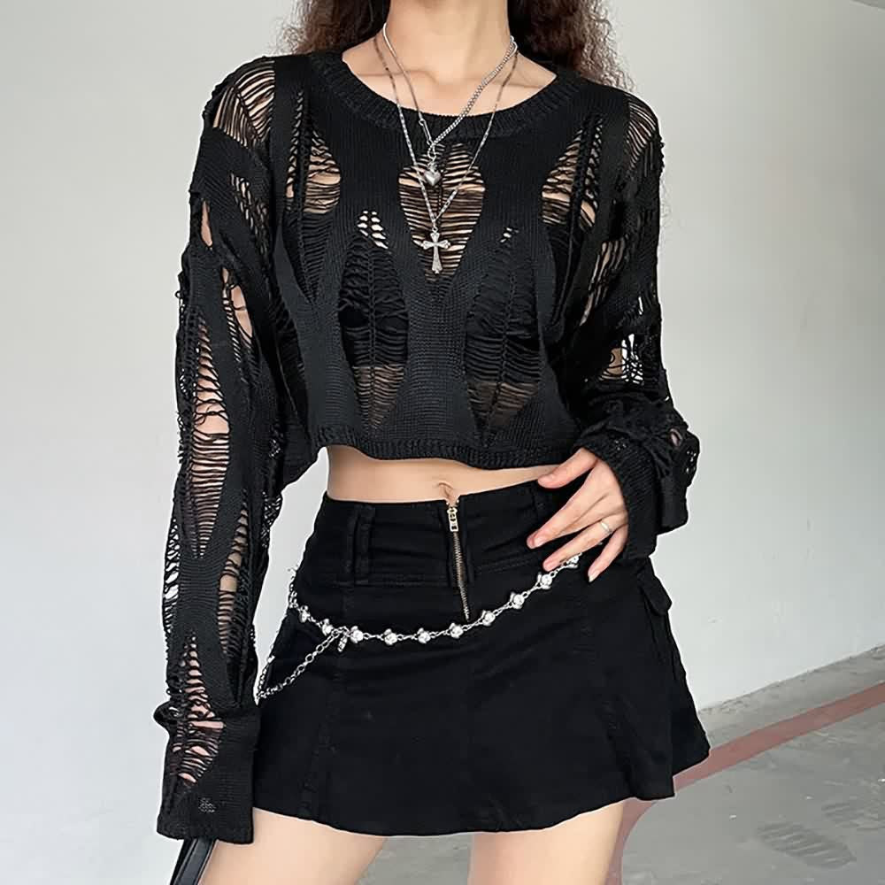 Distressed Gothic Crop Sweater With Full Long Sleeves