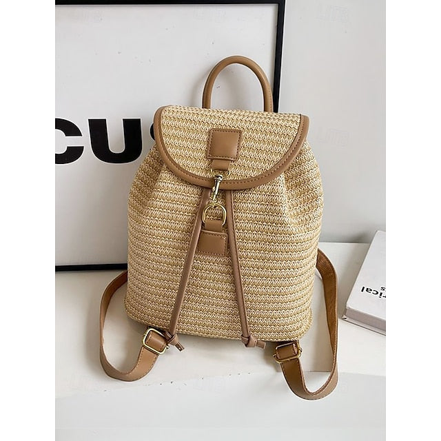 â€?Women Woven Boho Bag with Rattan for Travel Straw Backpack