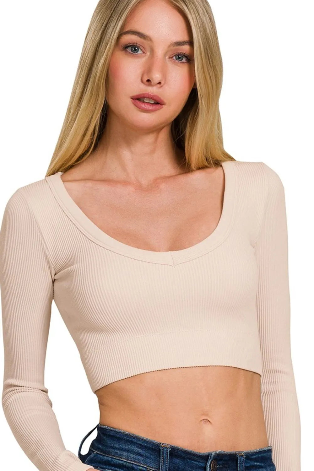 Seamless Fitted Rib V-neck Long Sleeve Crop Top