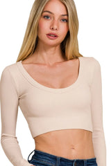 Seamless Fitted Rib V-neck Long Sleeve Crop Top