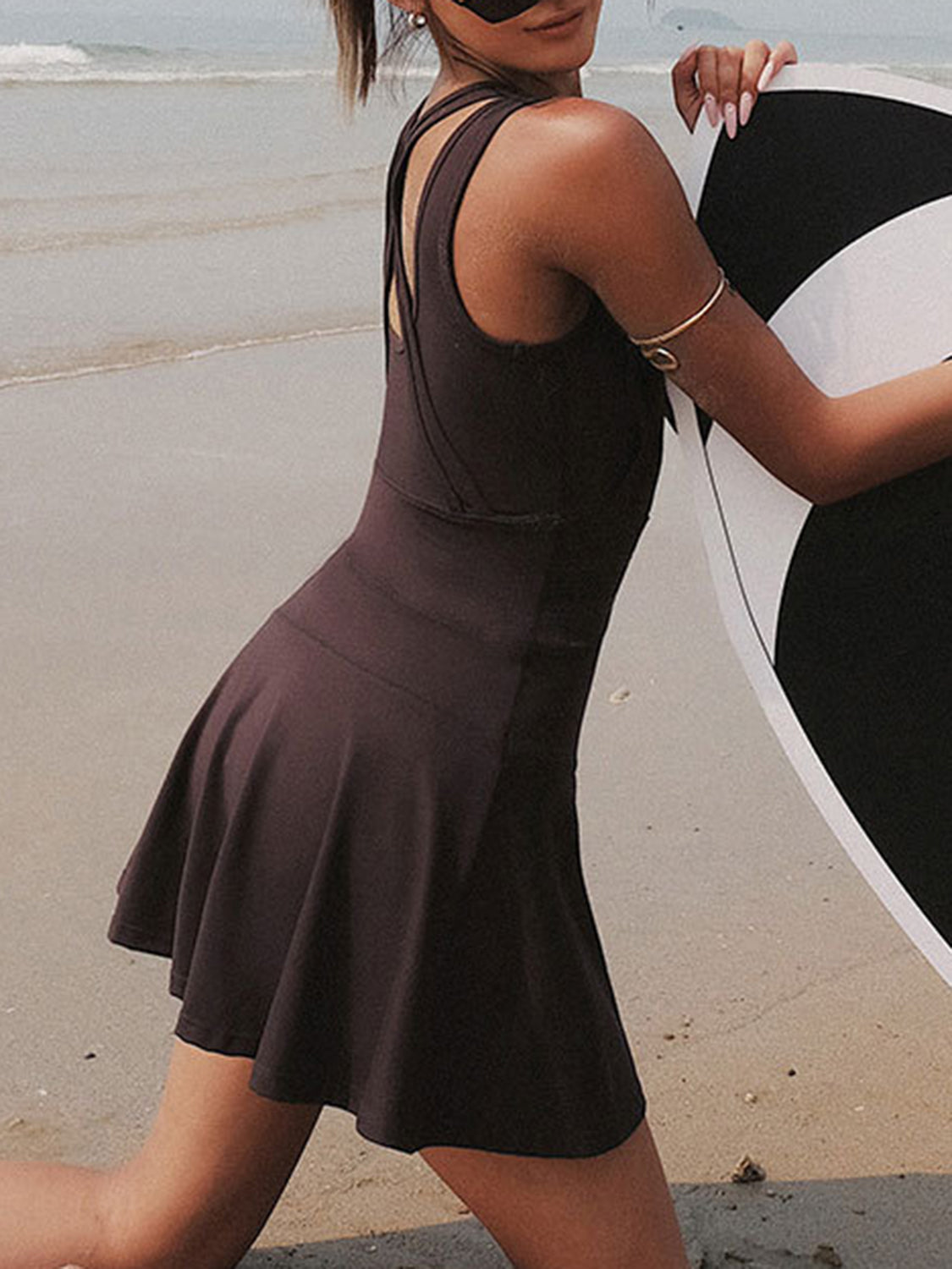 V-Neck Wide Strap Dress with Unitard Liner
