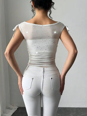 Glitter Stars Sheer Mesh Ruched Crop Top