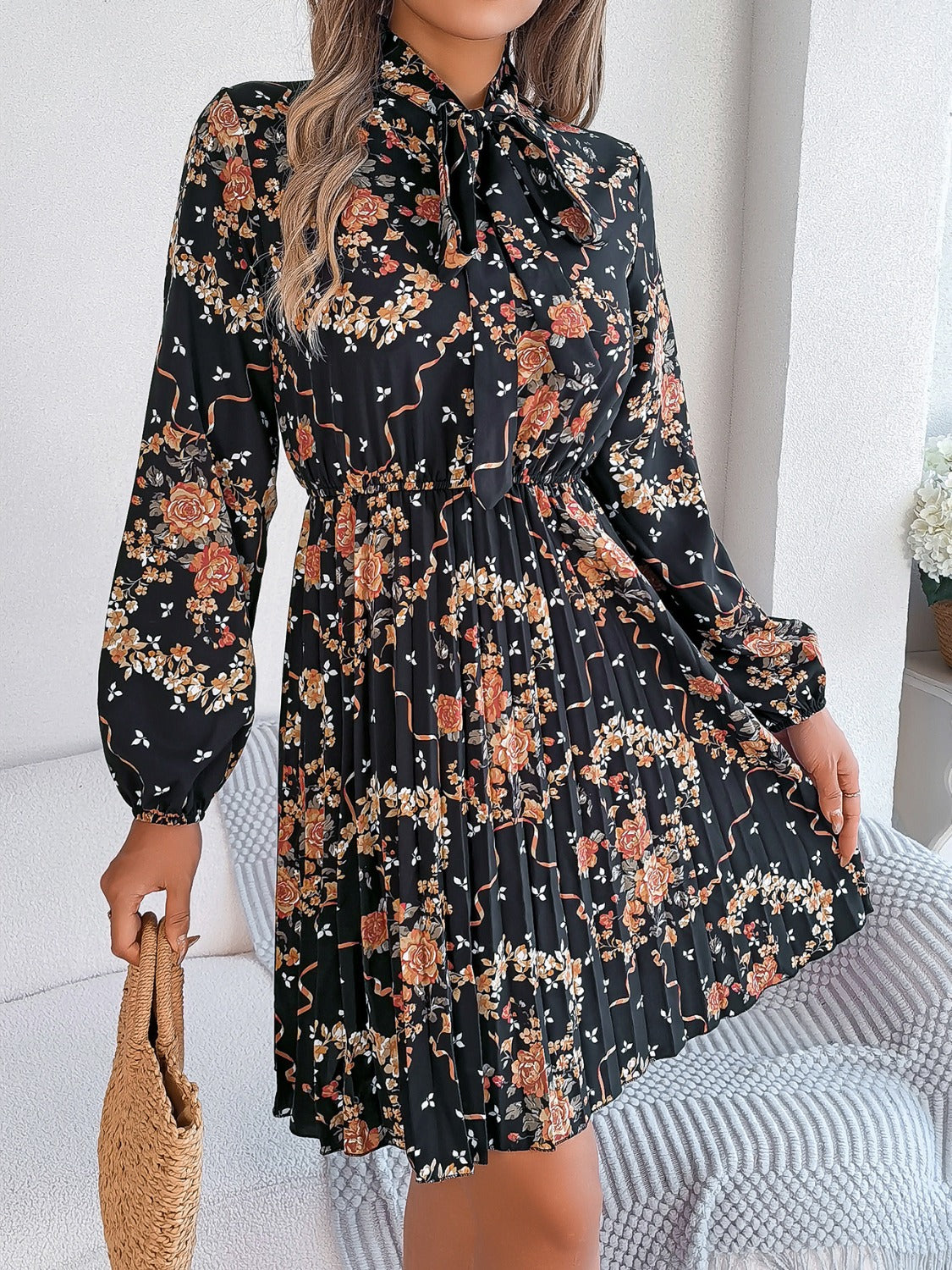 Pleated Printed-Tie Neck Long Sleeve Dress