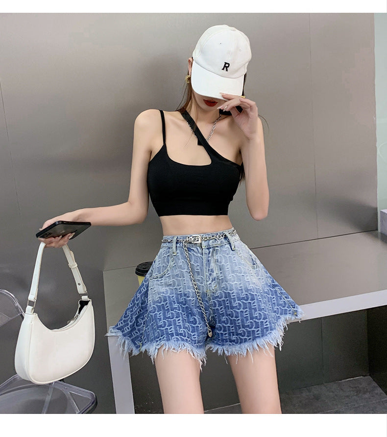 Blue Gradient Fringe Denim Shorts