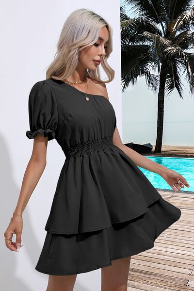 Single Shoulder Flounce Mini Dress