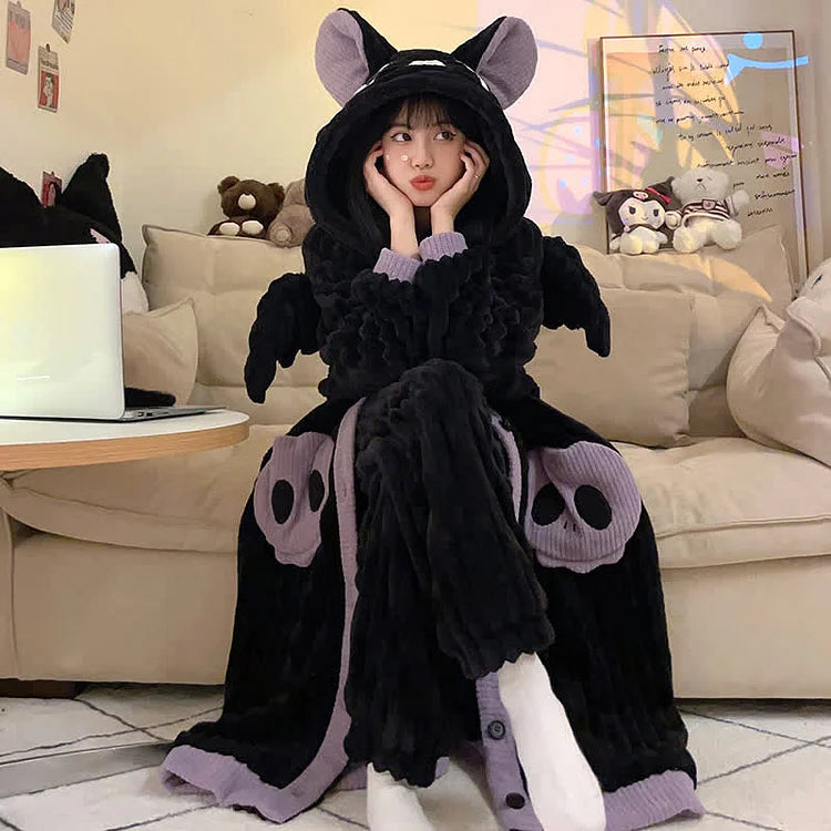 Cartoon Bat Plush Hooded Pajamas Set