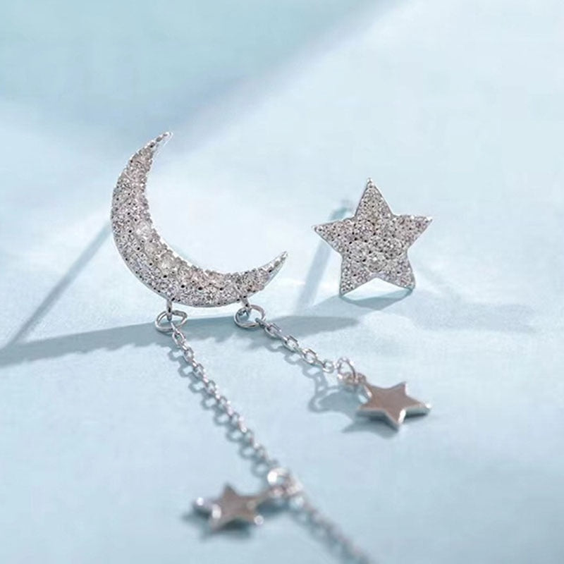 Asymmetric Star Moon Tassel Earrings