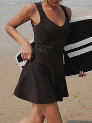 V-Neck Wide Strap Dress with Unitard Liner