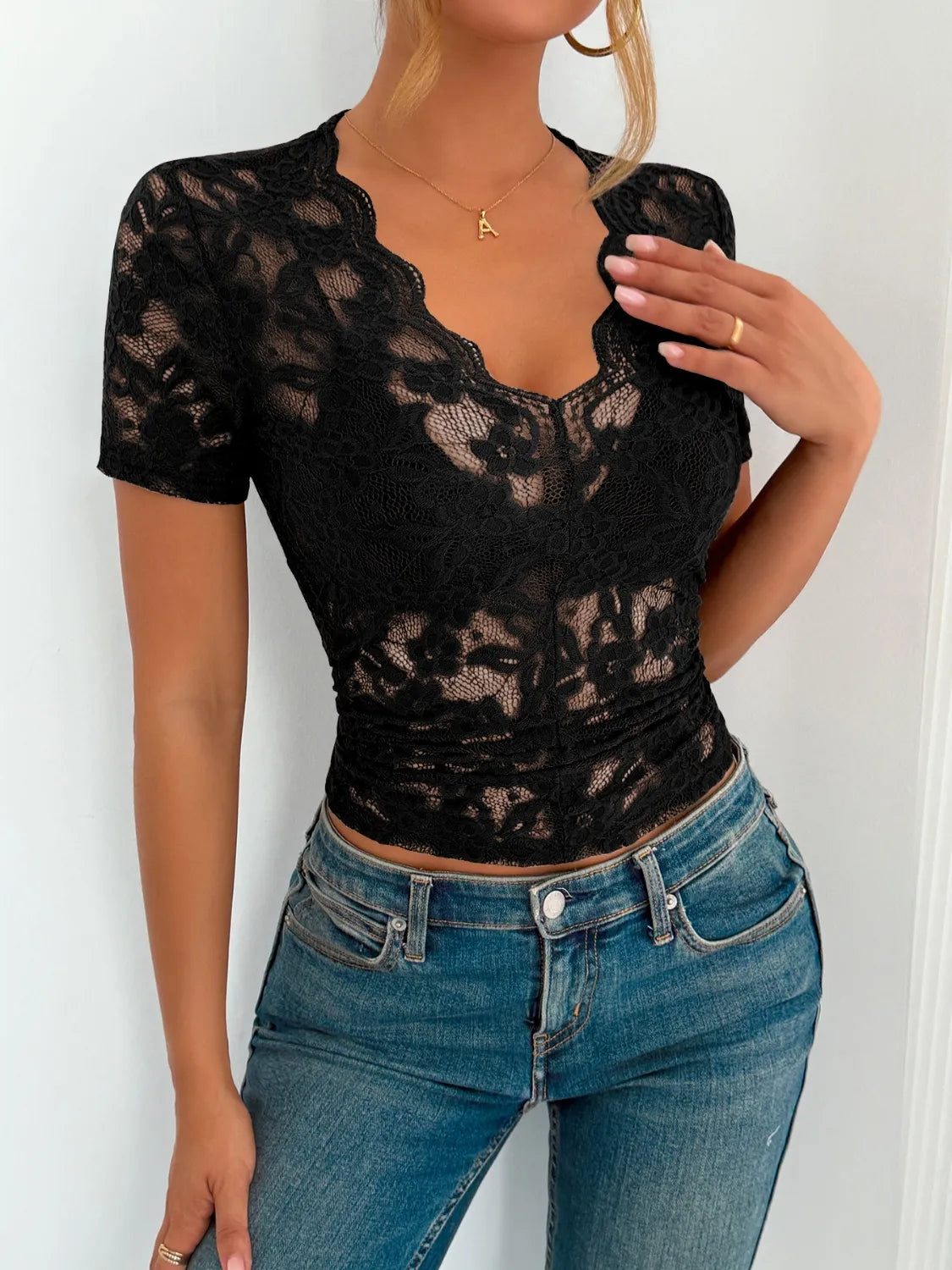 Lace V-Neck Short Sleeve Top