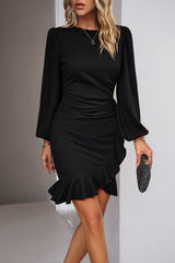 Ruched Ruffled Sleeve Mini Dress
