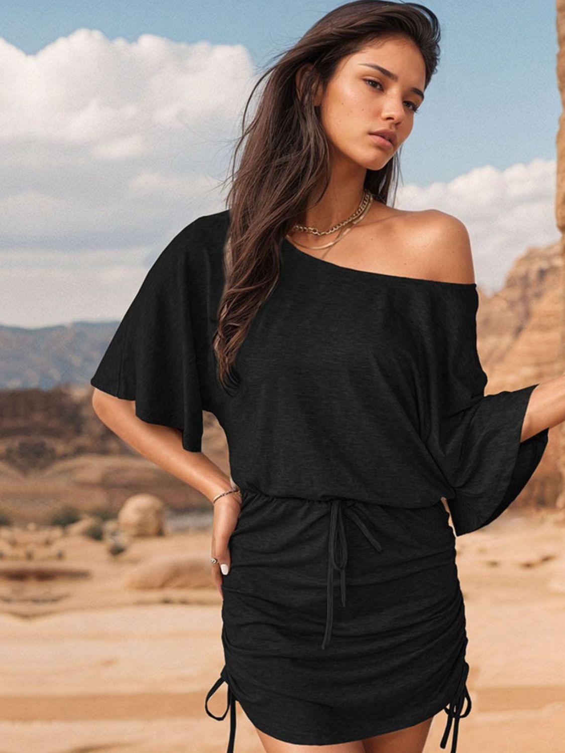 One Shoulder Three-Quarter Sleeve Mini Dress