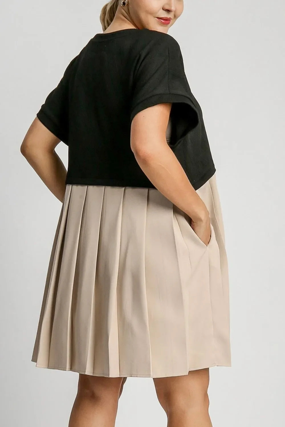Full Size Round Neck Pleated Dress with Side Pockets Plus Size