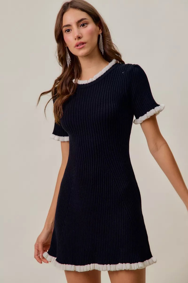 Contrast Ruffled Sweater Knit Mini Dress
