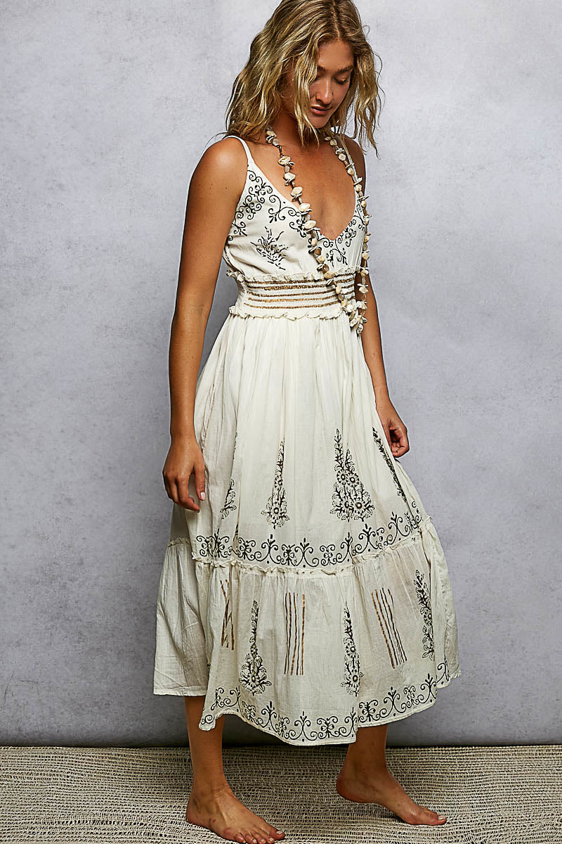 Smocked Waistband Floral Midi Cami Dress