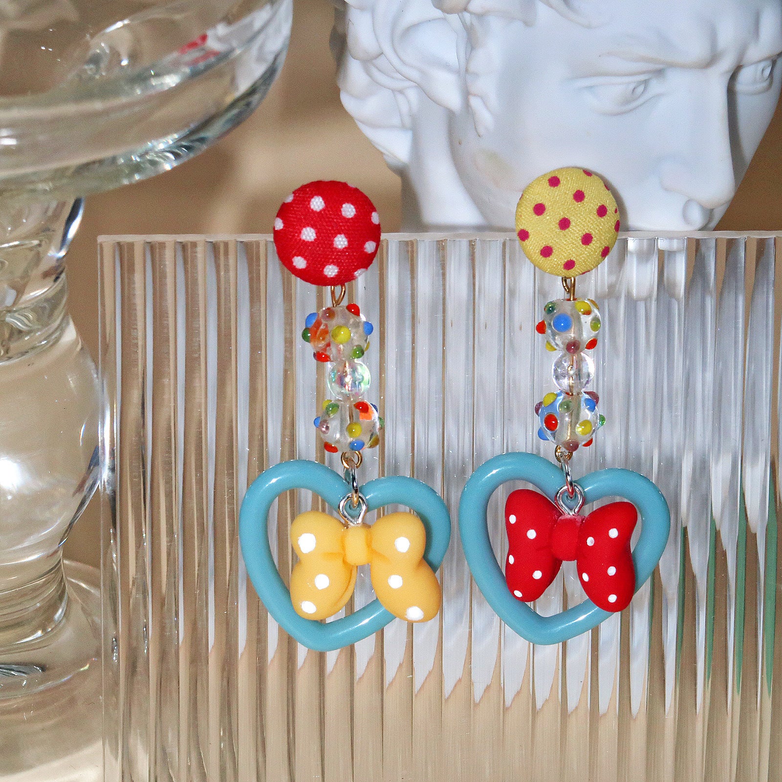 Color Polka Dot Bow Heart Earrings