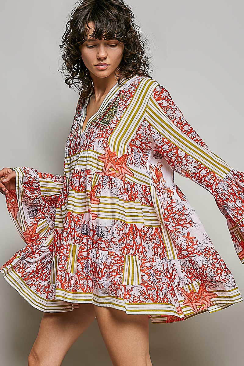 Striped Floral Long Sleeve Mini Dress with Pintuck Detail