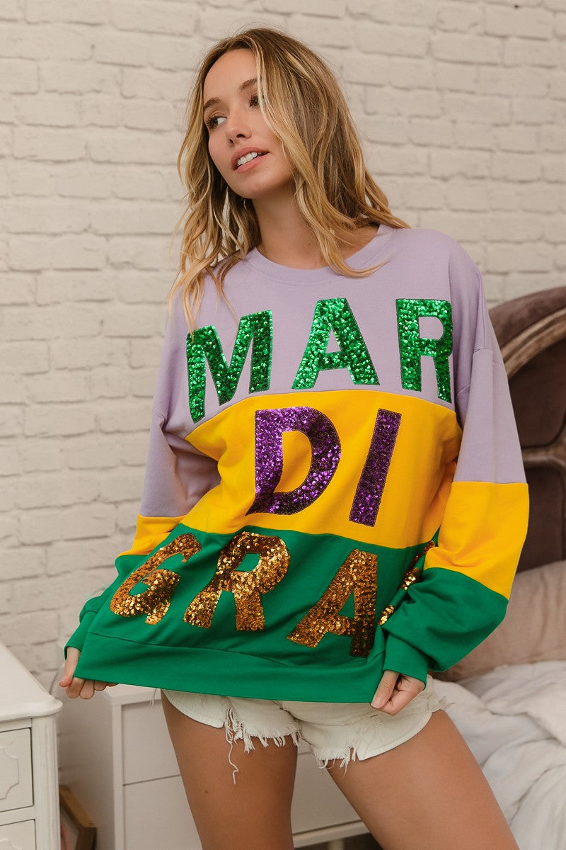 BiBi Sequin Mardi Gras Lettering Color Block Sweatshirt