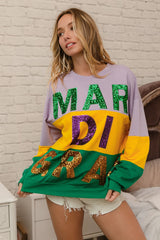BiBi Sequin Mardi Gras Lettering Color Block Sweatshirt