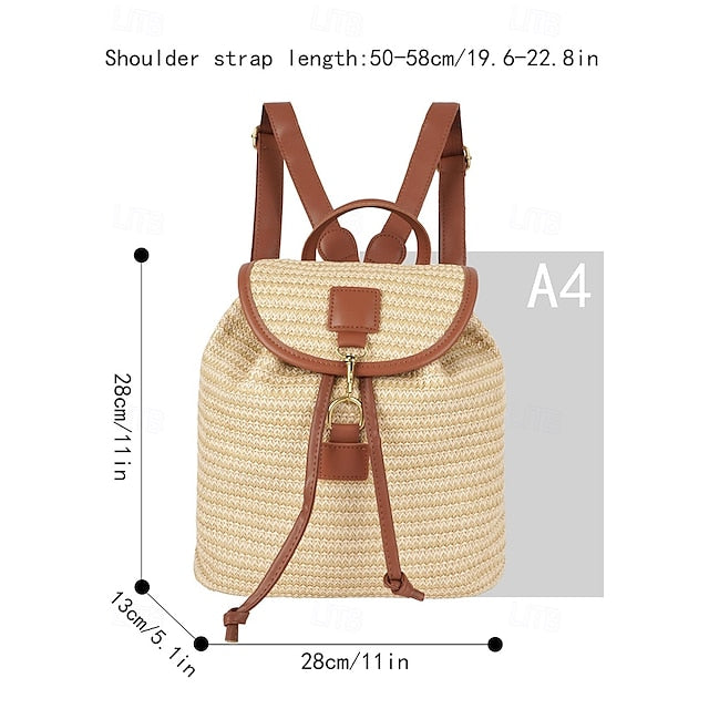 â€?Women Woven Boho Bag with Rattan for Travel Straw Backpack