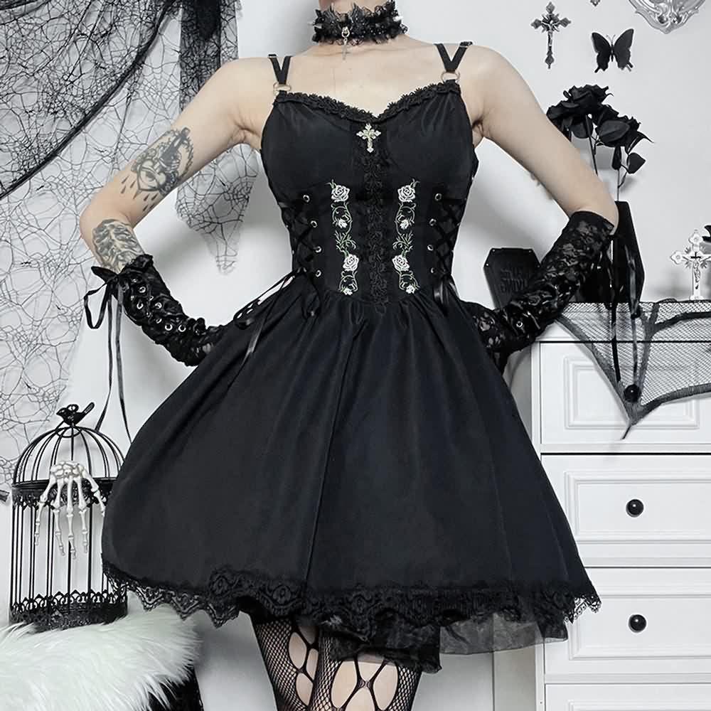 Embroidery Gothic Rose A-line Mini Dress