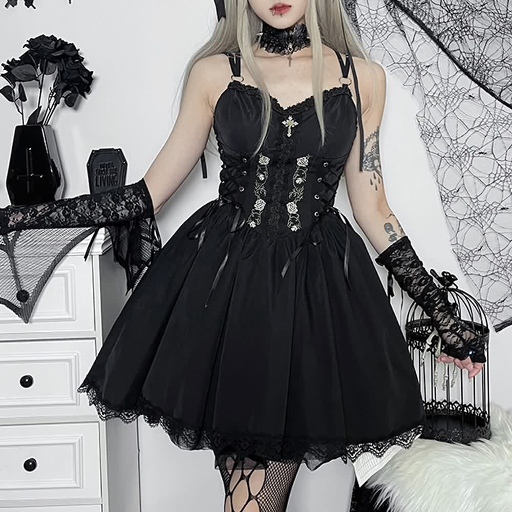 Embroidery Gothic Rose A-line Mini Dress