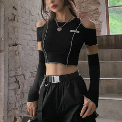 Emo Goth Cold Shoulder Crop T-shirt With Gloves