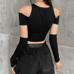 Emo Goth Cold Shoulder Crop T-shirt With Gloves