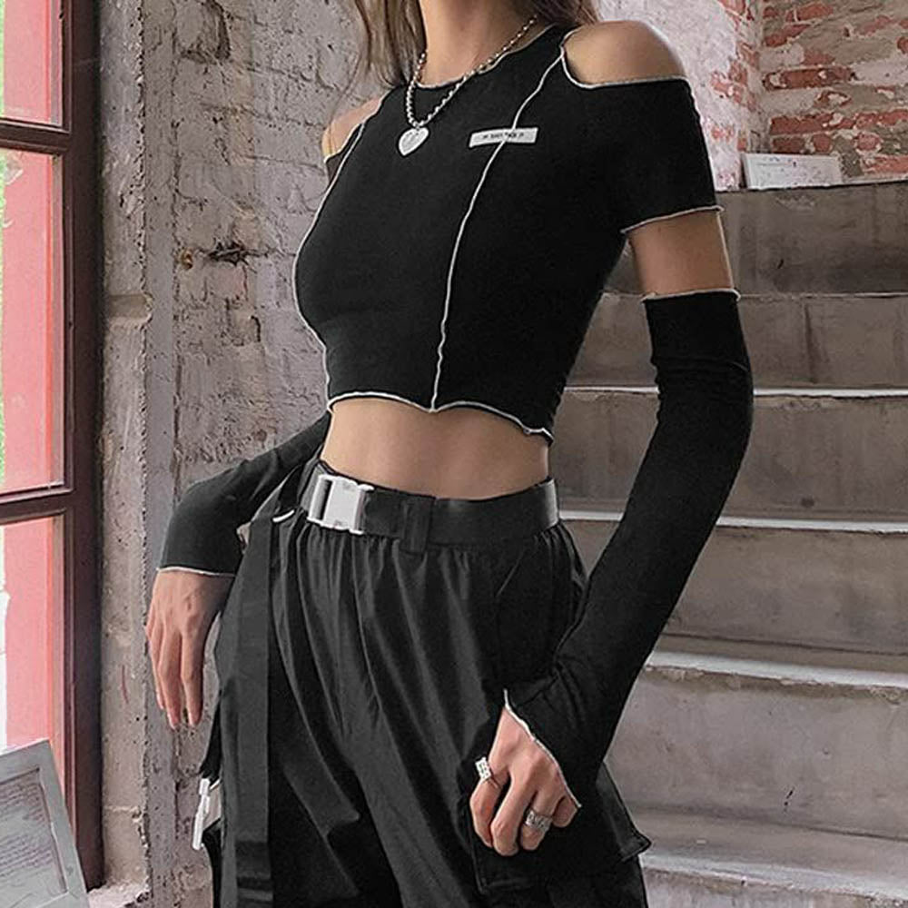 Emo Goth Cold Shoulder Crop T-shirt With Gloves