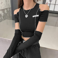 Emo Goth Cold Shoulder Crop T-shirt With Gloves
