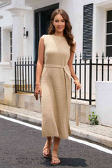 Tie Belt Slit Sleeveless Sweater Dress