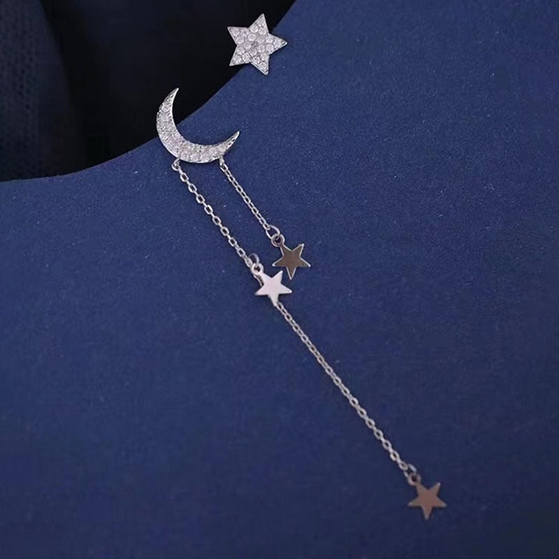 Asymmetric Star Moon Tassel Earrings