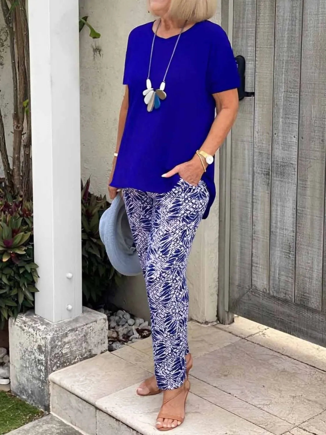 Full Size Round Neck Short Sleeve Top and Pants Set Plus Size