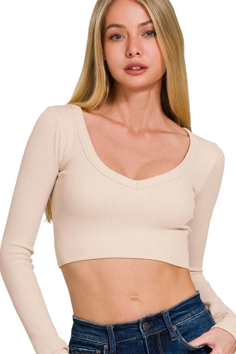 Seamless Fitted Rib V-neck Long Sleeve Crop Top
