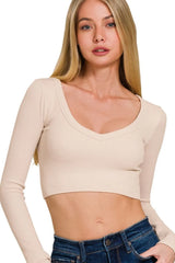 Seamless Fitted Rib V-neck Long Sleeve Crop Top